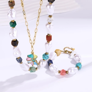 Bohemian Stainless Steel Artificial Baroque Pearl Natural Stone Beaded Necklace Colorful Enamel Conch Pendant Jewelry For Women Vacation Party