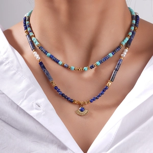 Beaded Necklace Lapis Lazuli Turquoise Artificial Pearl Multilayer Fan Pendant Bohemian Vintage Style Jewelry For Women