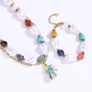 Bohemian stainless steel jewelry set with baroque pearls and colorful shell pendant
