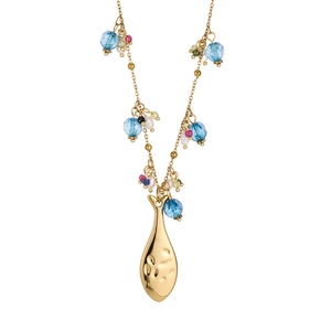 Collier artisanal en acier doré avec perles et pendentif poisson à texture martelée