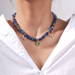 Stainless Steel Lapis Lazuli Beaded Necklace With MOM Letter Enamel Pendants For Mother's Day Women Fashion Jewelry Gift