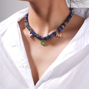 Lapis lazuli beaded MOM necklace with gold-plated enamel pendants for women