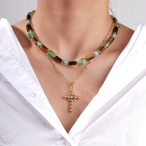 Collana con Pendente a Croce in Acciaio Inossidabile Maillard Vintage Pietra Occhio di Tigre Doppia Catena Boho con Strass per Donna