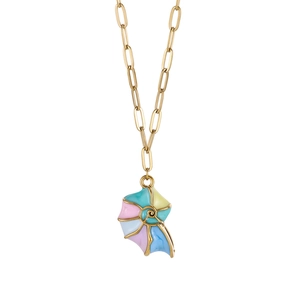 Close-up of golden spiral conch shell pendant with colorful enamel on a long link chain