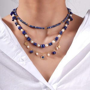 Bohemian Lapis Lazuli Artificial Pearl Stainless Steel Necklace Layered Vintage Gold Chokers For Women Star Geometric Pendant Jewelry