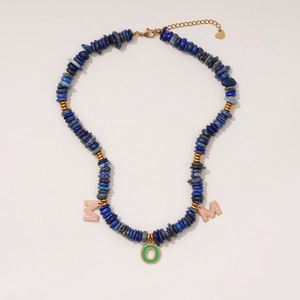 Lapis lazuli beaded MOM necklace with pink and green letter pendants on stainless steel