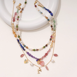 Bohemian multi-layer natural gemstone necklace with gold heart and dolphin charms