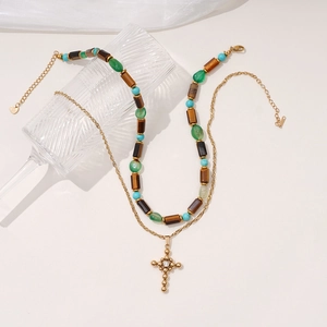 Collana a doppio strato in acciaio inossidabile con croce di cristallo e pietre occhio di tigre