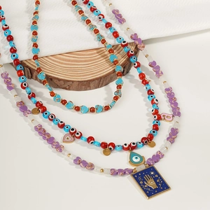 Bohemian multi-layer natural stone beaded necklace with Evil Eye and Hamsa Hand charms