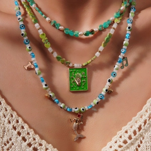 Bohemian Stainless Steel Evil Eye Mermaid Pendant Necklace Green Heart Simulated Artificial Pearl Multilayer Beaded Neck Jewelry For Women