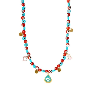 Bohemian Evil Eye beaded necklace with colorful charms and teardrop pendant on white background