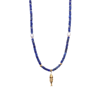 Collier en perles de lapis-lazuli avec pendentif poisson doré et perles pour femme