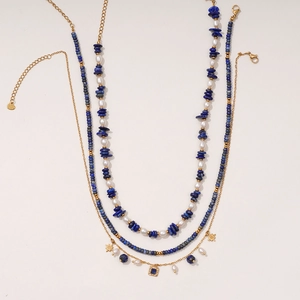 Three-layer stainless steel necklace set with natural lapis lazuli, pearls, and star pendant