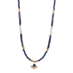 Natural lapis lazuli beaded necklace with white pearls and gold fan pendant on white base