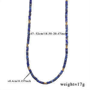 Detailed view of natural lapis beads necklace with size specs, 47-52cm length and 17g weight