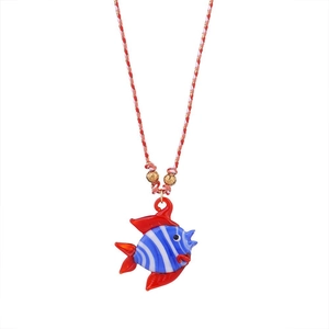 Collier avec pendentif poisson en verre fait main et rayures bleues sur cordon tressé