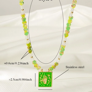 Green beaded heart necklace with stainless steel tarot star palm pendant on white silk