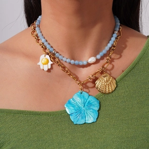 Stainless Steel Necklace With Natural Stone Beads Artificial Baroque Pearl Shell And Hamsa Flower Pendants Bohemian Style For Women