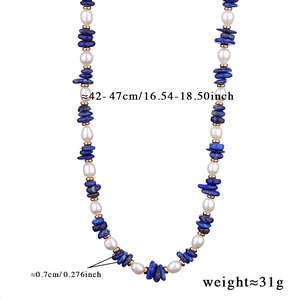 Detailed view of beaded necklace with pearls, blue lapis stones and size measurements