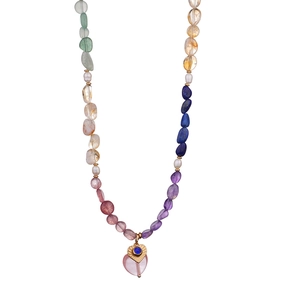 Colorful natural stone beaded necklace with pink heart pendant and stainless steel clasp