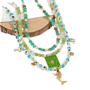 Bohemian multi-layer evil eye beaded necklace with mermaid charms and gold accents
