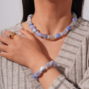 Ensemble Collier et Bracelet en Perles d'Agate Violette Naturelle et Cristal Rose en Acier Titane Bijoux Bohèmes pour Femmes