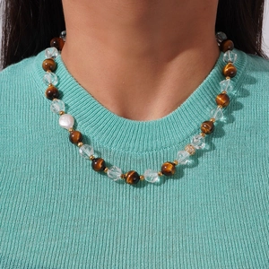 Collier de Künstliche Perles en Pierre Oeil de Tigre et Cristal de Roche Avec Künstliche Perle Baroque et Boule de Zircone Bijoux Femme