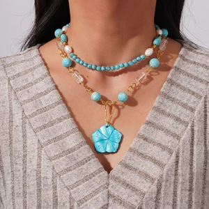 Collana Di Perline In Turchese Sintetico E Cristallo In Acciaio Inossidabile Con Perla Artificial Finta E Pendente Fiore In Resina Gioielli Bohémien