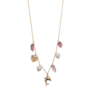 Colorful natural stone beaded necklace with dolphin heart charm and freshwater pearls