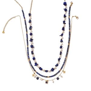 Three-layer lapis lazuli and pearl necklace set with gold star and square stone pendant