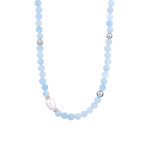 Detailed shot of light blue beaded necklace with a baroque pearl and silver accents