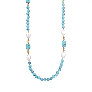 Collana etnica di perline con turchese naturale, cristalli bianchi e accenti dorati
