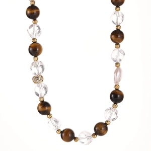 Collier fait main en œil de tigre et cristal avec perle baroque et détails dorés