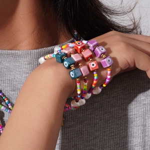 Bohemian colorful evil eye beaded necklace and bracelet set with freshwater pearls