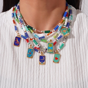 Boheems Roestvrij Staal Emaille Tarot Hanger Halsketting Voor Dames Meerkleurig Kralen Zon Maan Ster Hart Retro Sieraden