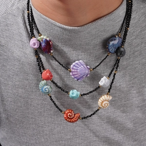 Collier en Perles d'Acier Inoxydable Bohème Pendentif Crâne Coquillage en Céramique Colorée Colliers Multi-couches Ethniques