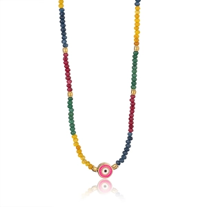 Böhmische bunte Kristallperlenkette mit rosa Evil Eye Anhänger und Goldakzenten