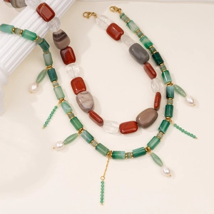 Double-layered beaded choker necklace with natural agate stones and a pearl charm pendant