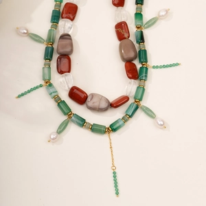 Detail of beaded choker with natural green agate, red jasper and freshwater pearl pendant