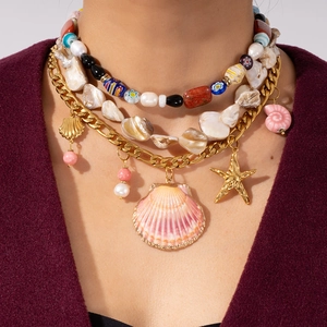 Bohemian Ocean Theme Necklace For Women Stainless Steel Chain Artificial Pearl Starfish Shell Pendant Beaded Beach Jewelry