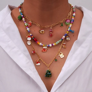 Weihnachten Weihnachtsmann Baum Anhänger Halskette Edelstahl Glas Künstliche Perle Mehrlagige Perlen Festlicher Schmuck Für Damen