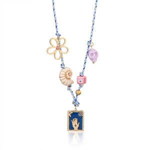 Bohemian woven rope necklace with evil eye, shell, and Fatima hand tarot pendant