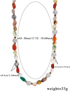 Detail view of colorful natural stone beaded necklace showing textures and measurements