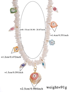 Detailed size specifications for bohemian beaded necklace with shell and evil eye charms