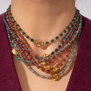 Collier en Perles de Pierre Naturelle Bohème Fait Main pour Femme Pendentif Cœur en Acier Inoxydable Bijoux de Mode Cadeau