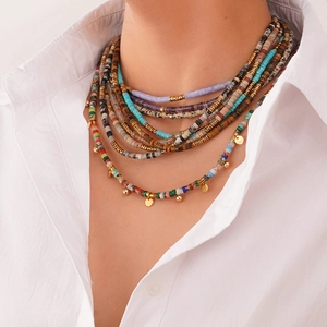 Collier en Pierre Naturelle et Acier Titane Bohème pour Femmes Bijoux Perles Multicolores Fait Main Choker Cadeau de Vacances