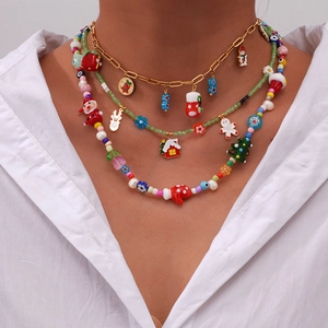 Roestvrijstalen Kerstman Hanger Halsketting Kleurrijke Glas Hars Kralen Meerlaags Schattige Feestdagen Mode Sieraden