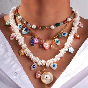 Bohemian Titanium Steel Evil Eye Necklace For Women Natural Stone Shell Beaded Layered Necklace Heart Hamsa Hand Charm Jewelry Gift