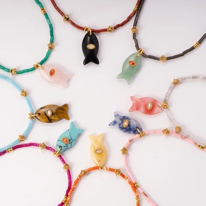 Colorful fish pendant necklaces with natural stones and stainless steel gold beads
