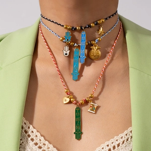 Bohemian Hand Woven Stainless Steel Hamsa Hand Necklace For Women Colorful Enamel Evil Eye Protection Charms Ethnic Jewelry